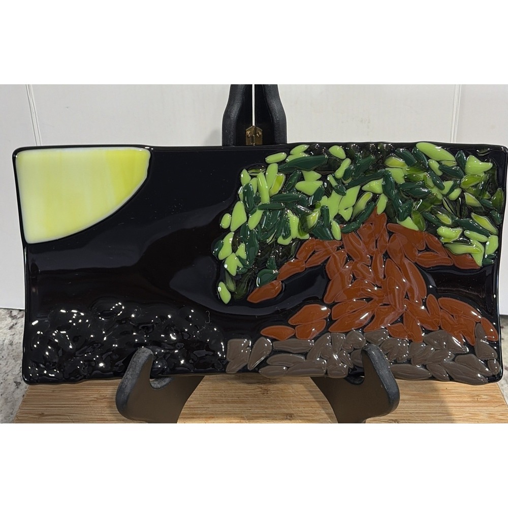Fused Art Glass Tray Mighty Oak And Sun On Black/  12" X 6" Unique Hand Crafted